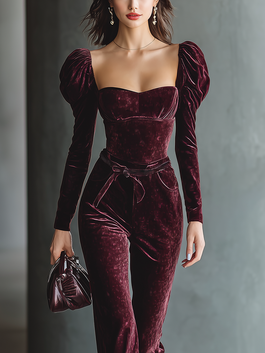 Women's Burgundy Velvet Square Neck Top And Flared Pants Set MDA2786J7T