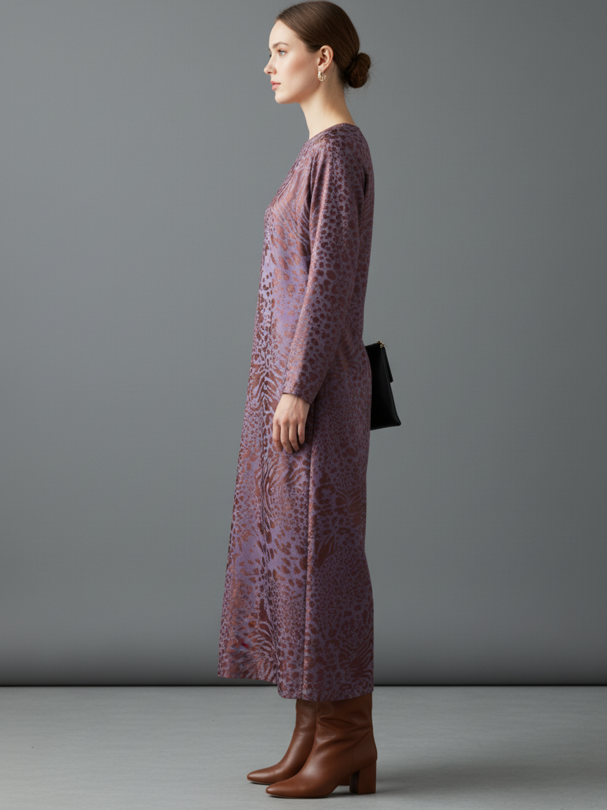 Women's Loose Leopard Jacquard Round Neck Long Sleeve Midi Dress MDA2450I1Y