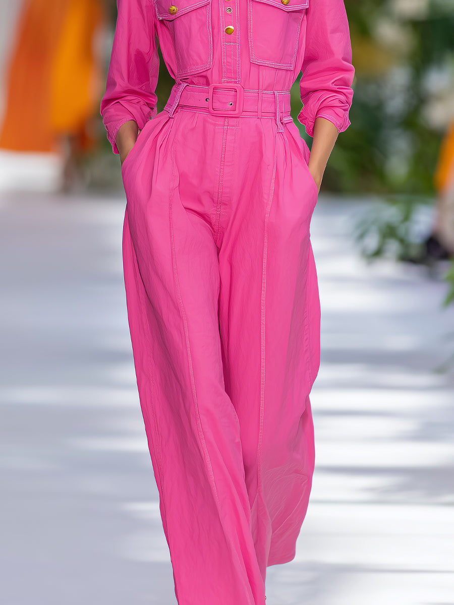 Women's Pink Retro Cotton Twill Belted Cargo Jumpsuit MDA0544H6I