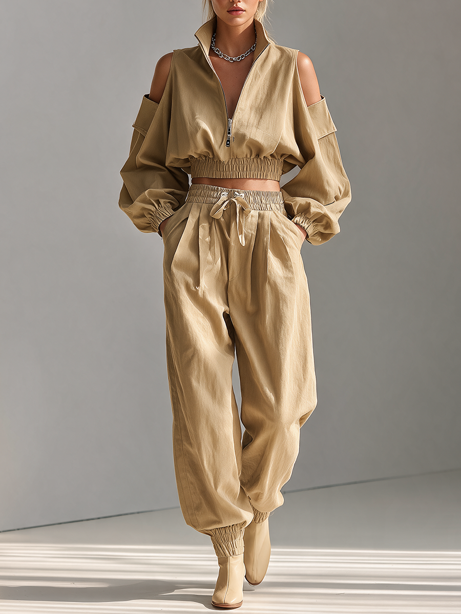 Women's Half-Zip Cold-Shoulder Balloon-Sleeve Cropped Top And Drawstring Cuffed Pants Two-Piece Set MDZ2611H8CMX