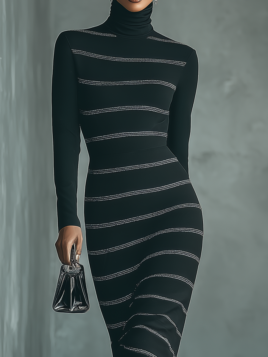 Women's Black Knit High-neck Slim-fit Maxi Dress MDA1440H6T