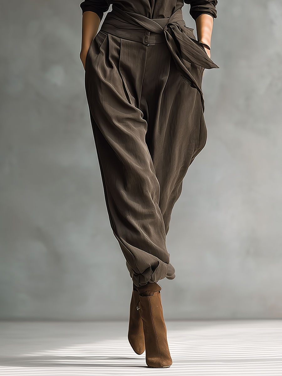 Women's Dark Brown Cotton Stand-up Collar Zip-up Top And Wide-leg Pants Set MDA2679K6T