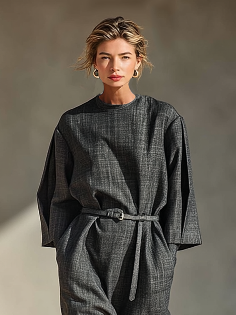 Women's Loose Blended Round Neck Belted Midi Dress MDA1621I3Y