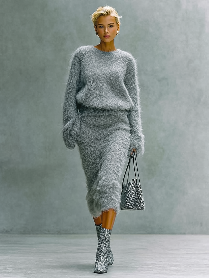Women's Minimalist Mohair Crew Neck Sweater One-Step Skirt Set MDA0547I2Y