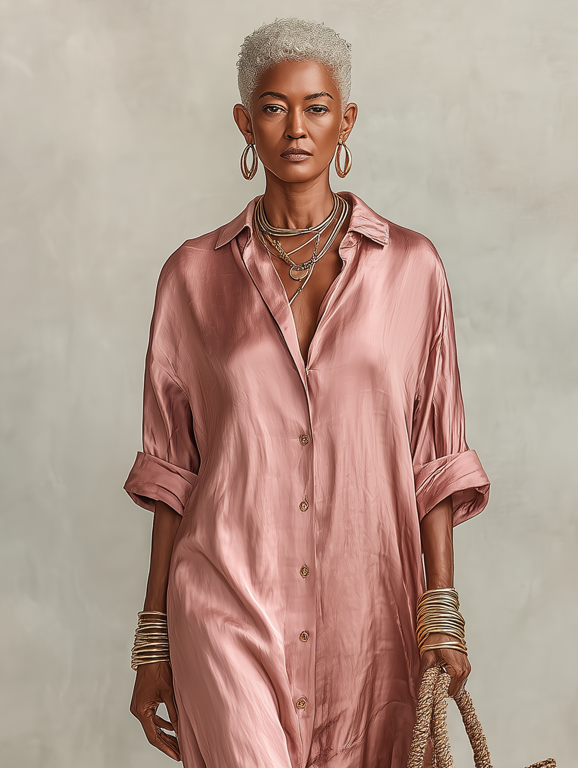 Women's Minimalist Faux Acetate Single-breasted Shirt Maxi Dress MDZ1024B4Y