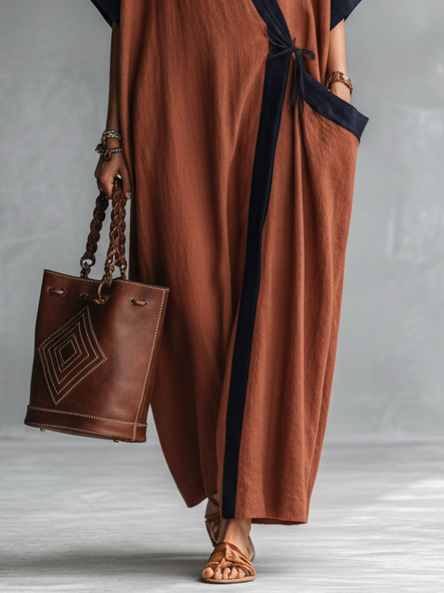 Women's Boho Rust Black Trim Wrap-Around Kaftan Maxi Dress MDZ2709B6BA