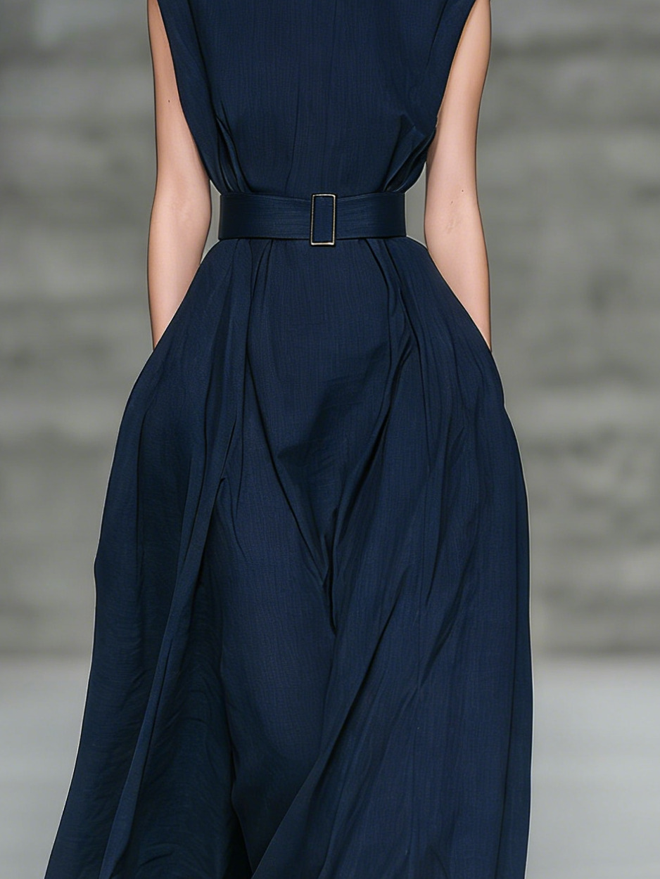 Women's Stylish Dark Blue Denim-look Fabric Round Neck Sleeveless Maxi Dress With Belt MDZ0626A2AN