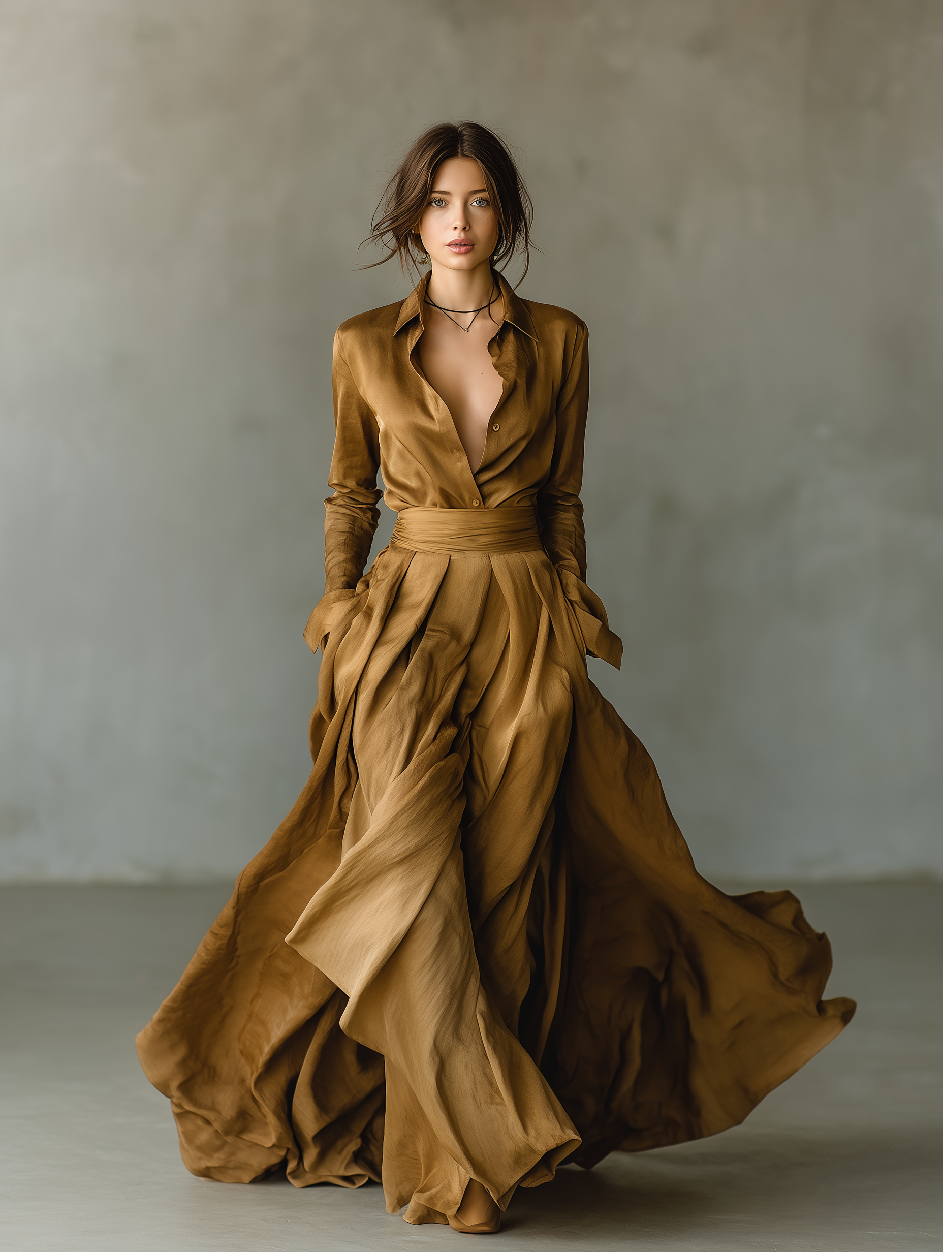 Women's Elegant Gold-brown Glossy Satin Long-sleeved Shirt Paired With A Skirt MDA1043L5AN