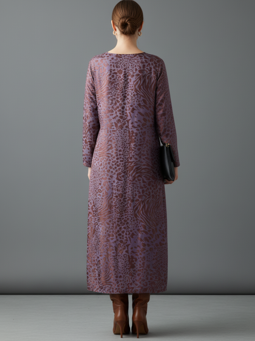 Women's Loose Leopard Jacquard Round Neck Long Sleeve Midi Dress MDA2450I1Y