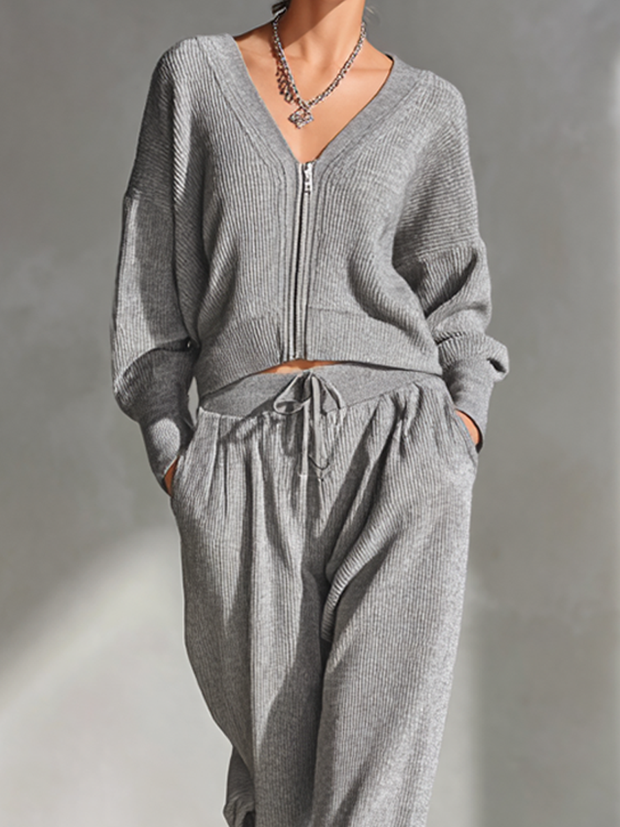 Women's Grey Ribbed Knit Zip-Up Top And Wide-Leg Pants Set MDA1693L6AP