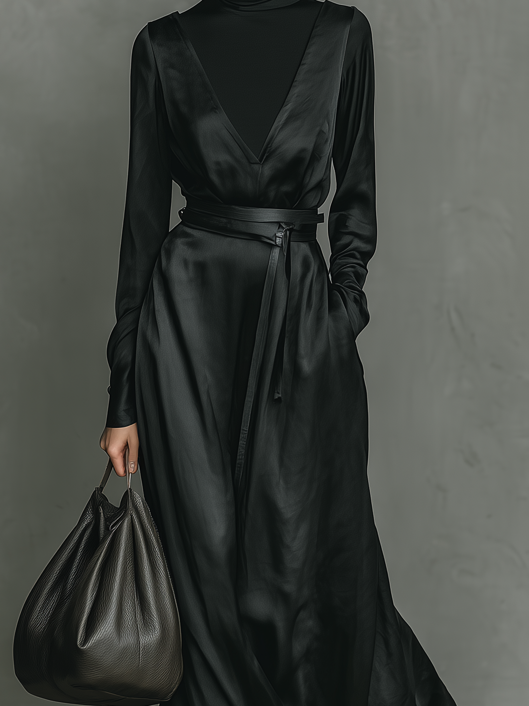 Women's Elegant Black Turtleneck Knitted Satin Two-piece Long-sleeved Dress (belt Not Included) MDA0875L2AN