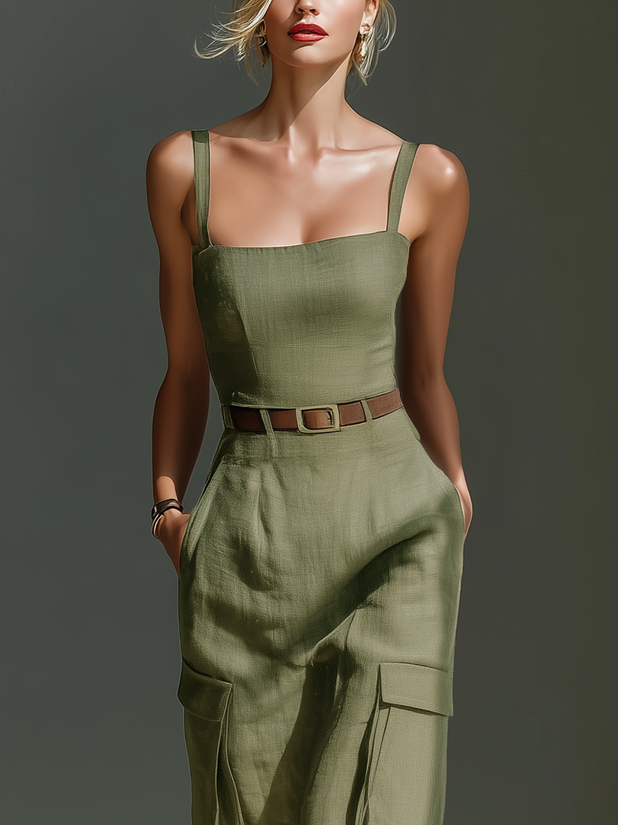 Women's Olive Green Linen Fabric Sleeveless Midi Dress With Cargo Pockets & Belted Waist MDZ2753A1T