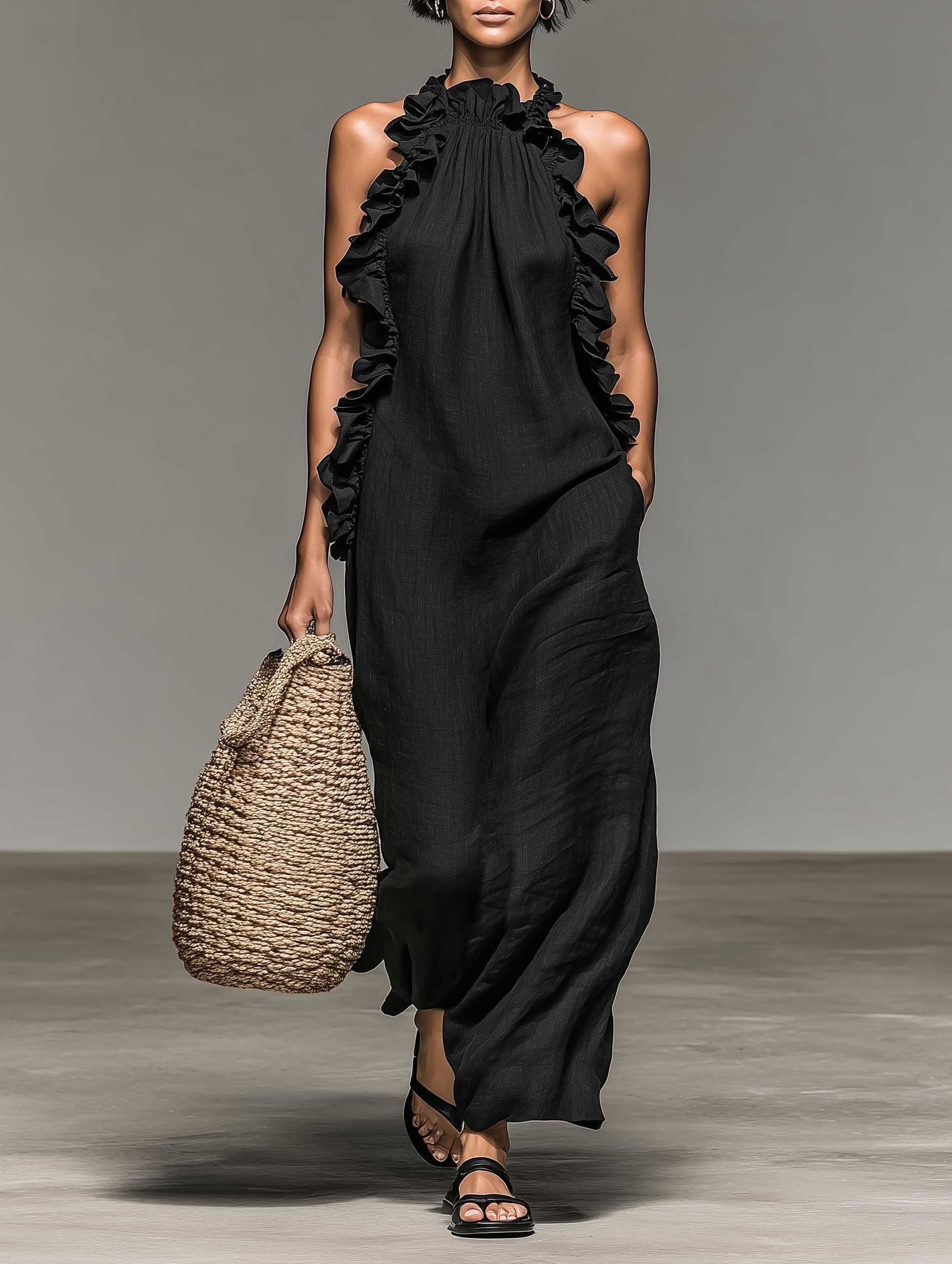 Women's Minimalist Linen-blend Sleeveless Maxi Dress With Ruffle Details MDZ1622A0Y