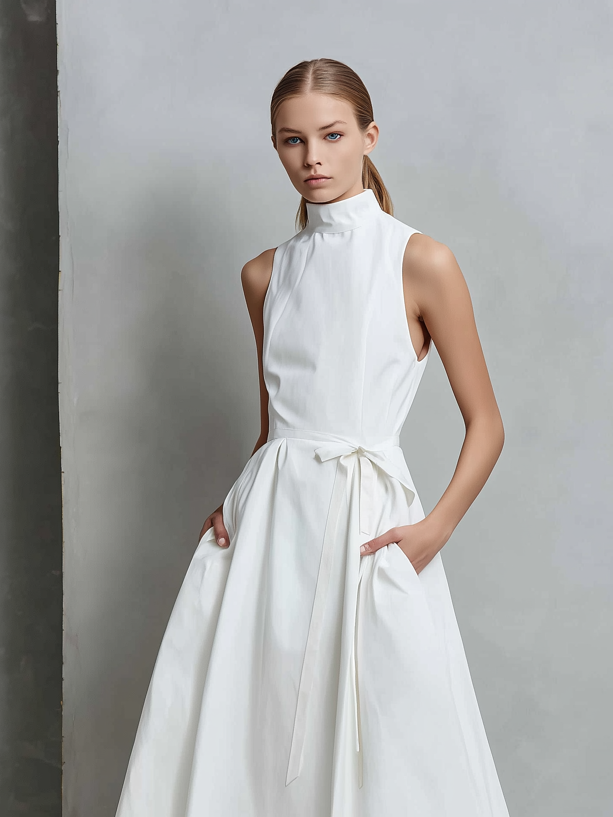 Women's Elegant White High-neck Sleeveless Woven Maxi Dress MDZ0733A5AN