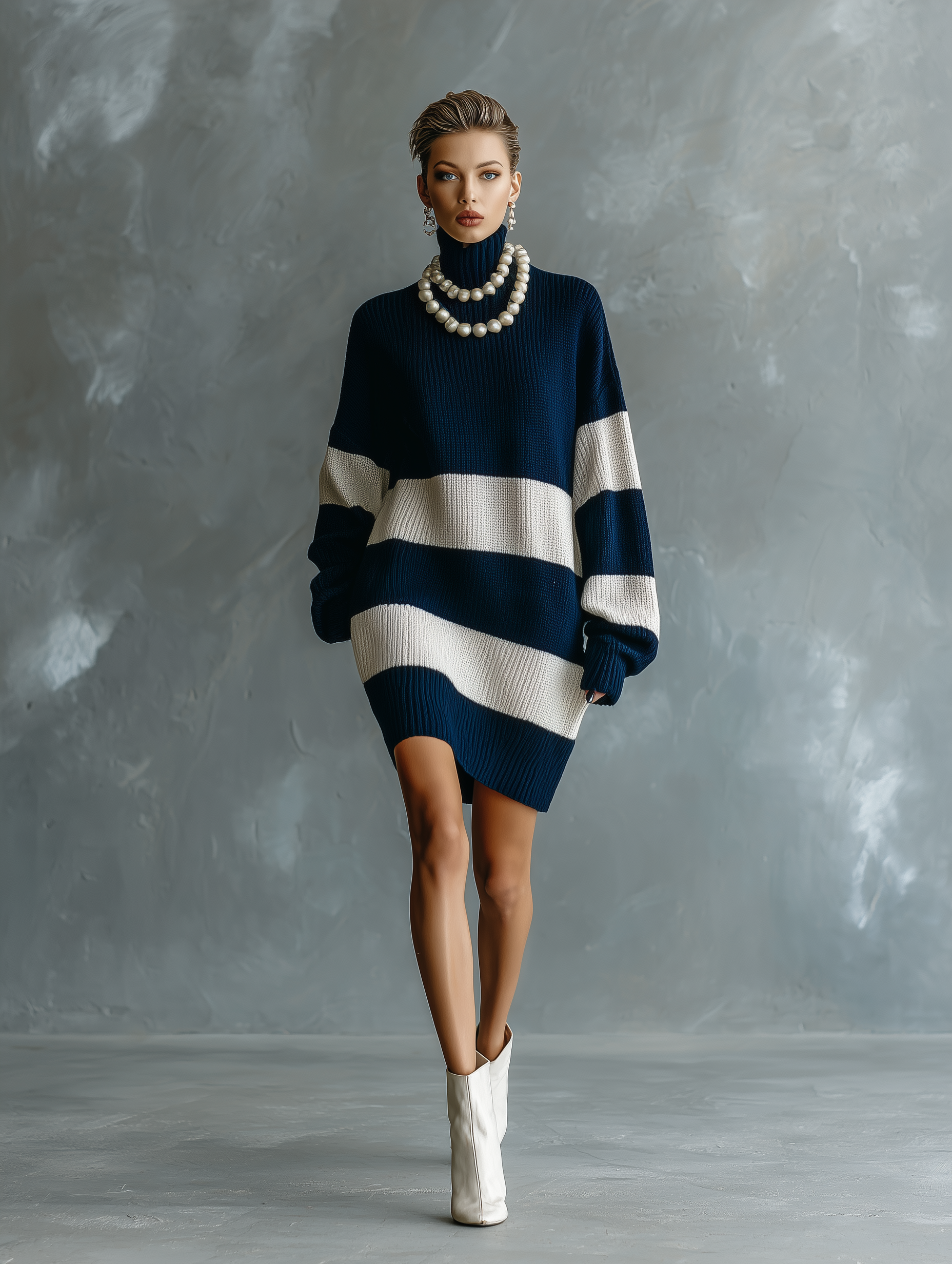 Women's Fashionable And Elegant Dark Blue And White Striped Long-sleeved Turtleneck Loose Knitted Sweater Mini Dress MDA2991K0AN