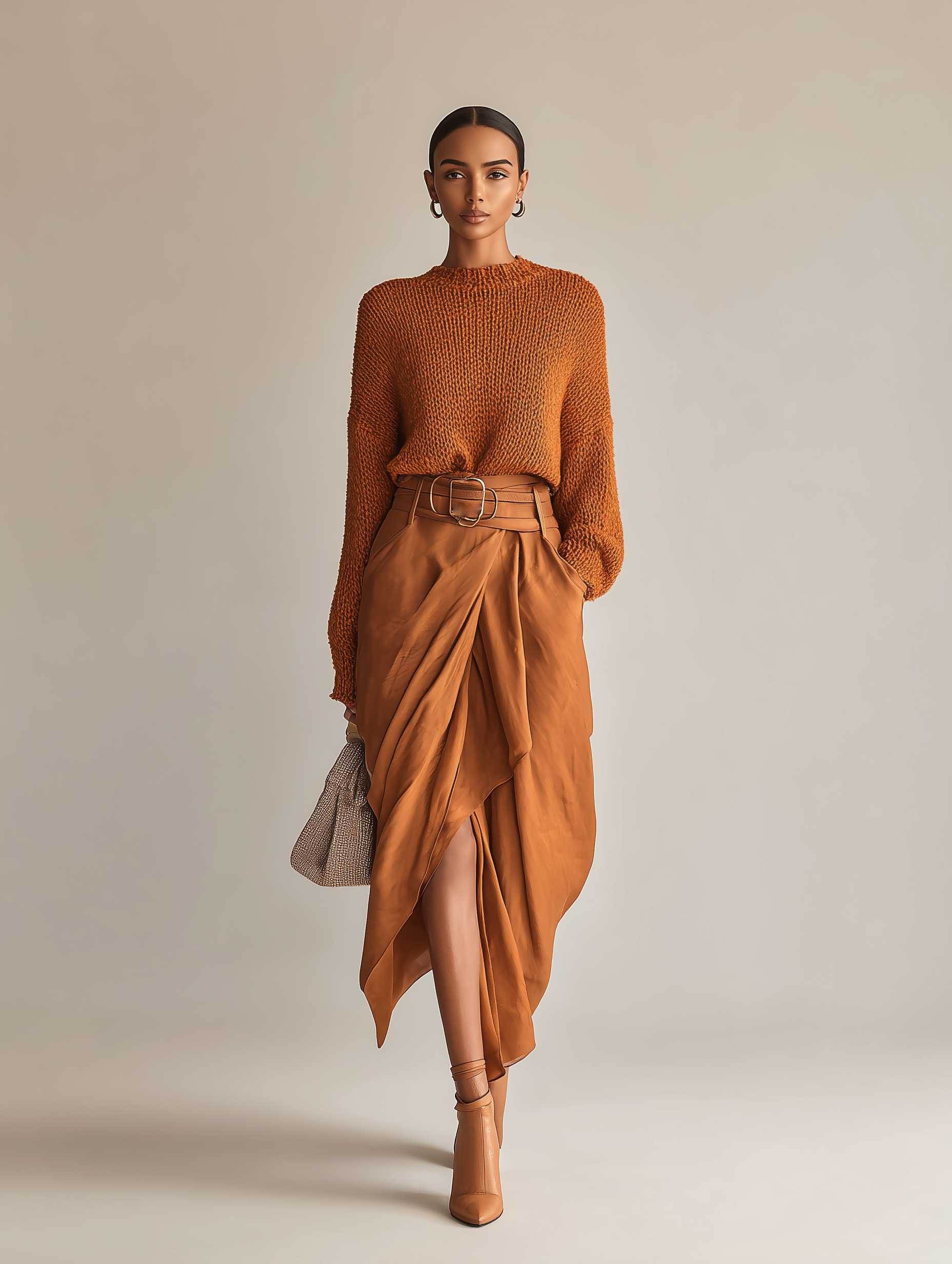 Women's Stylish And Elegant Orange Long-sleeved Round Neck Knit Sweater Paired With A Matching Orange Satin Midi Skirt (belt Not Included) MDA2039K5AN
