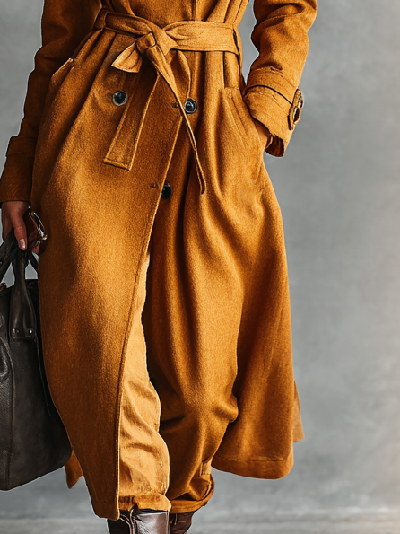 Women's Minimalist Wool Blend Lapel Double-Breasted Belt Long Coat MDA1847I8Y