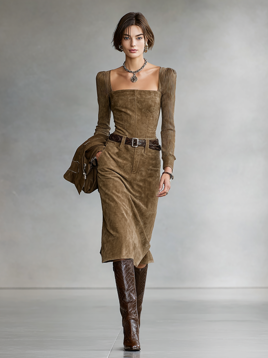 Women's Suede And Corduroy Square Neck Midi Dress (Belt Not Included) MDA2700H4Y