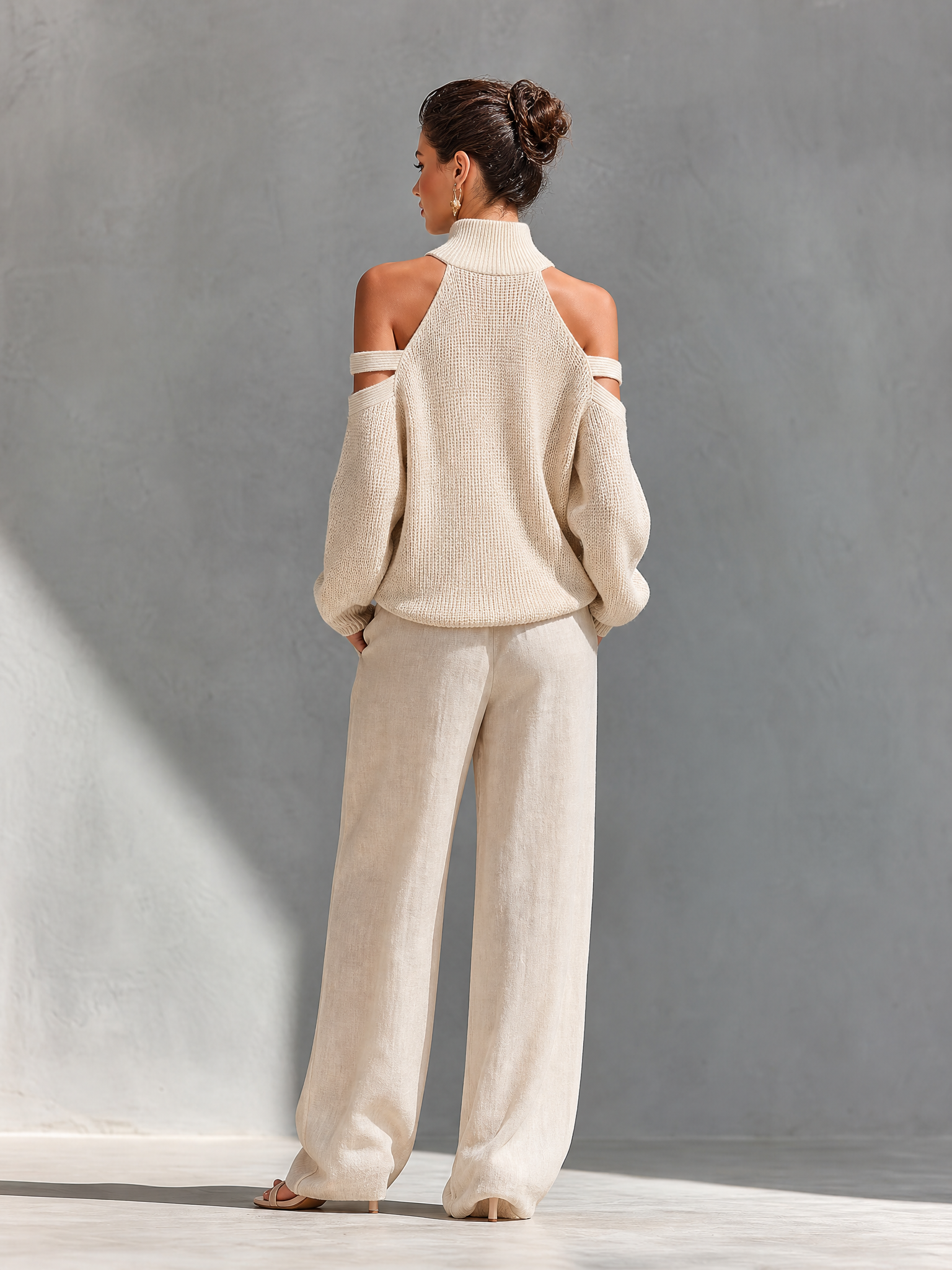 Women’s Beige Linen-Blend High-Waisted Pocketed Wide-Leg Pants MDZ1228A6T