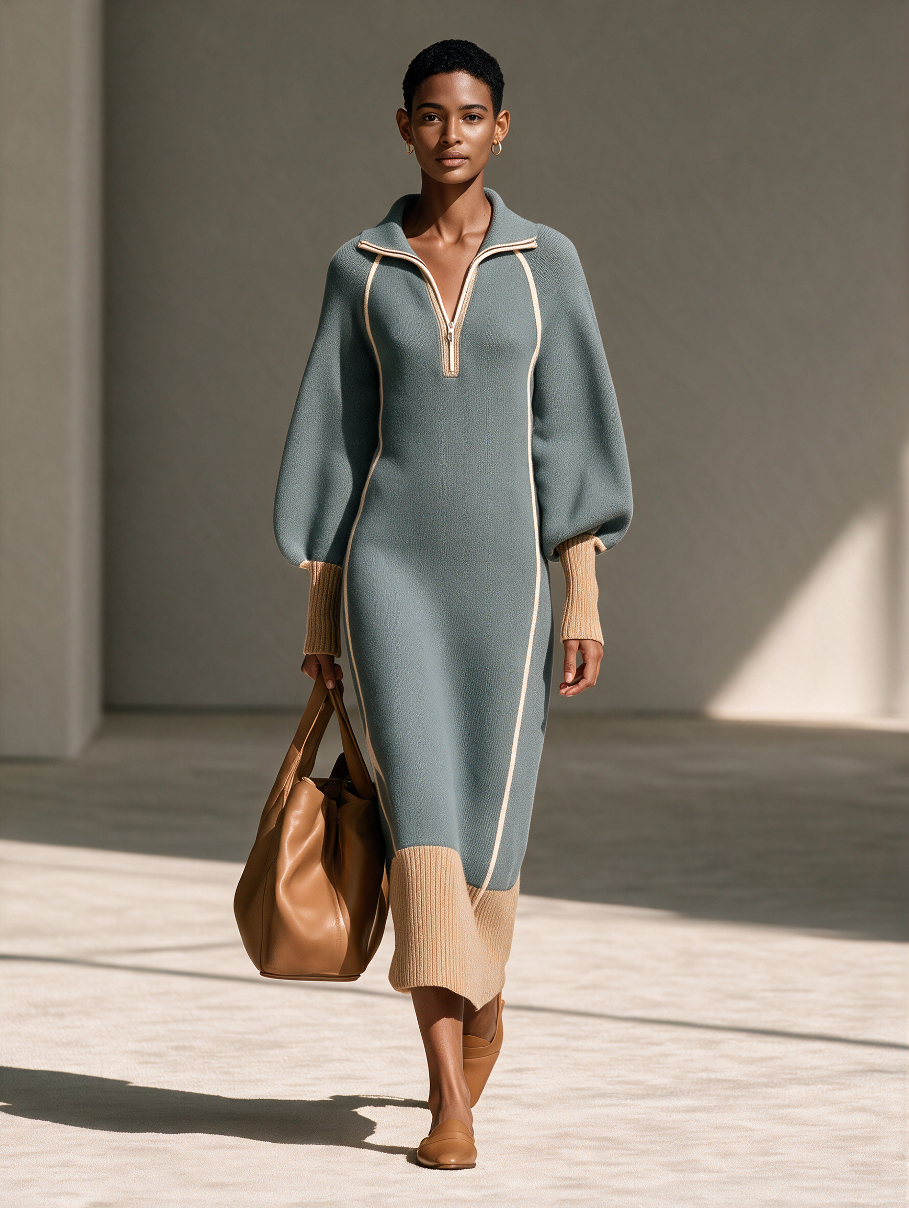 grey blouson dress Women's Grey-Blue Collared Half-Zip Contrast-Piping Blouson-Sleeve Woo – Modesees reativados_01.07