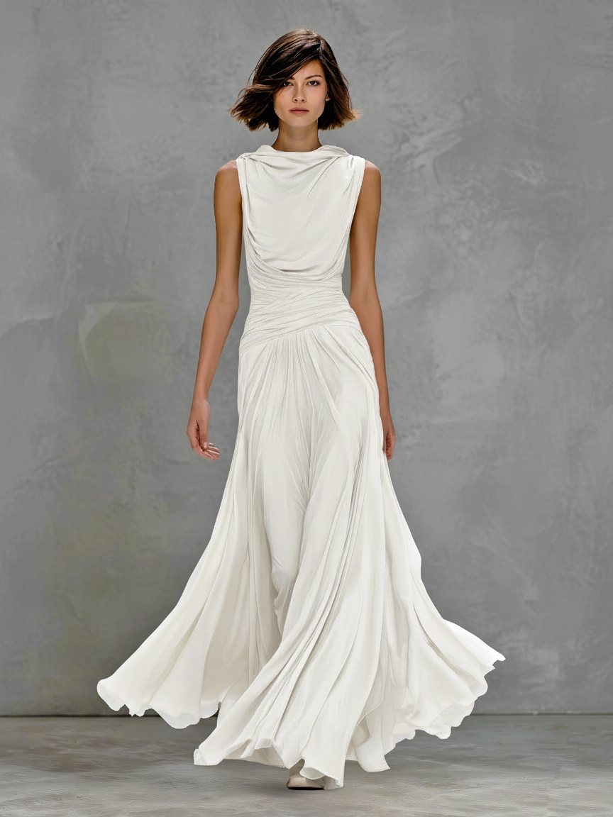 Women's Elegant White Sleeveless Stretchy Knit Slim-fit Maxi Dress With Ruched Waist MDA2680L3AN