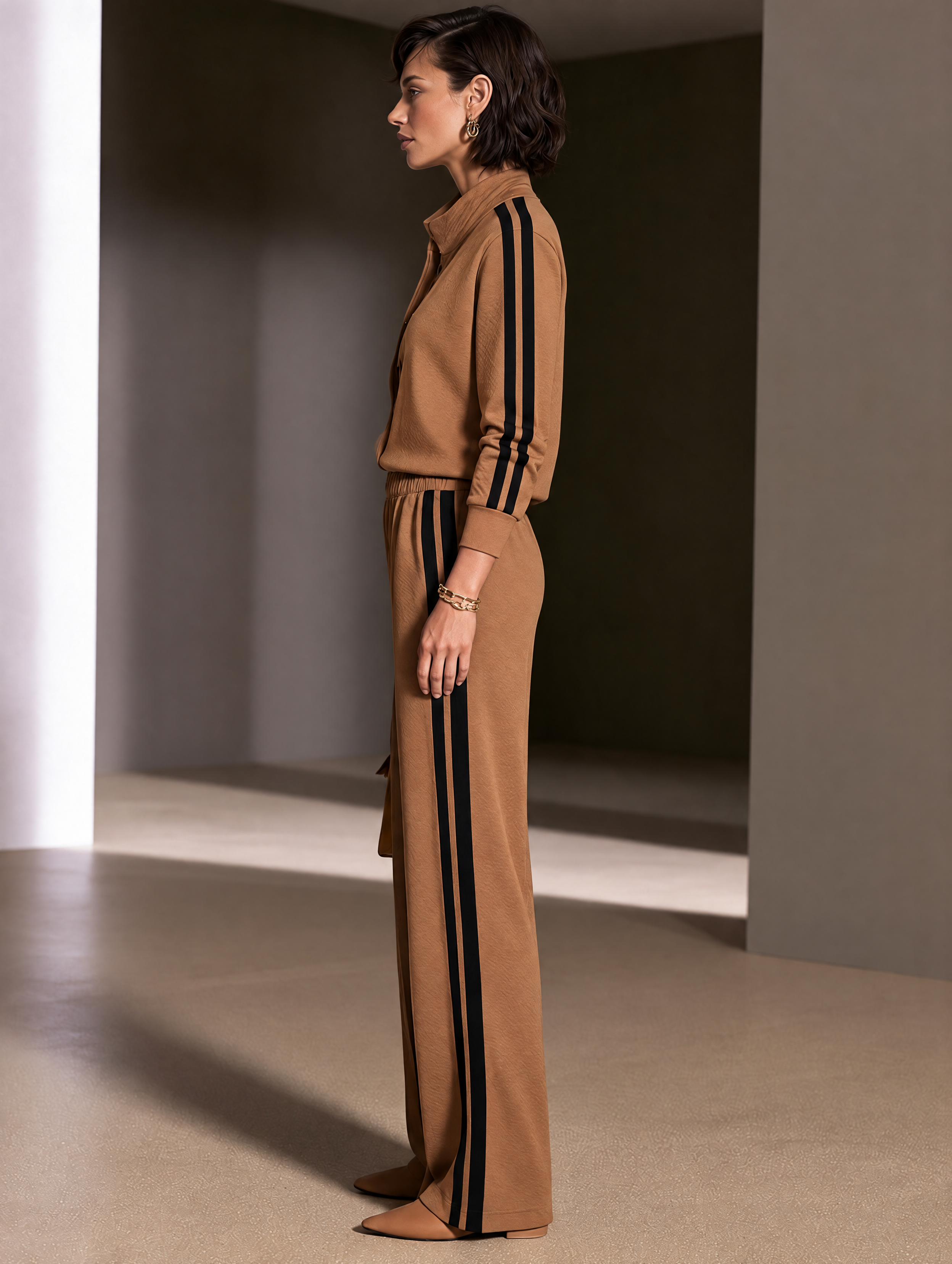 Women's Contrast Stripe Casual Stand Collar Wide-Leg Pants Set MDZ0103I7GMJ