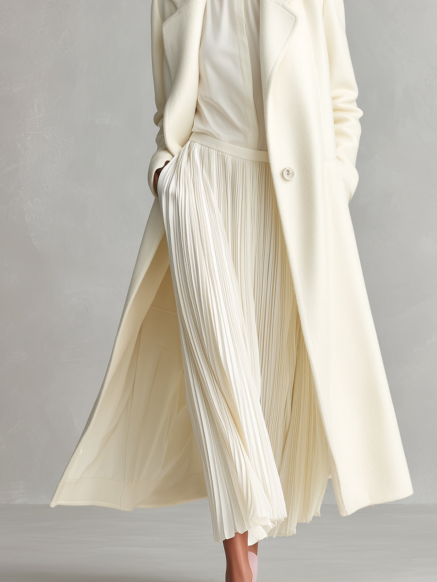 Women's Cream Elegant Wool - Blend Lapel - Collar Maxi Coat MDA1549I0I