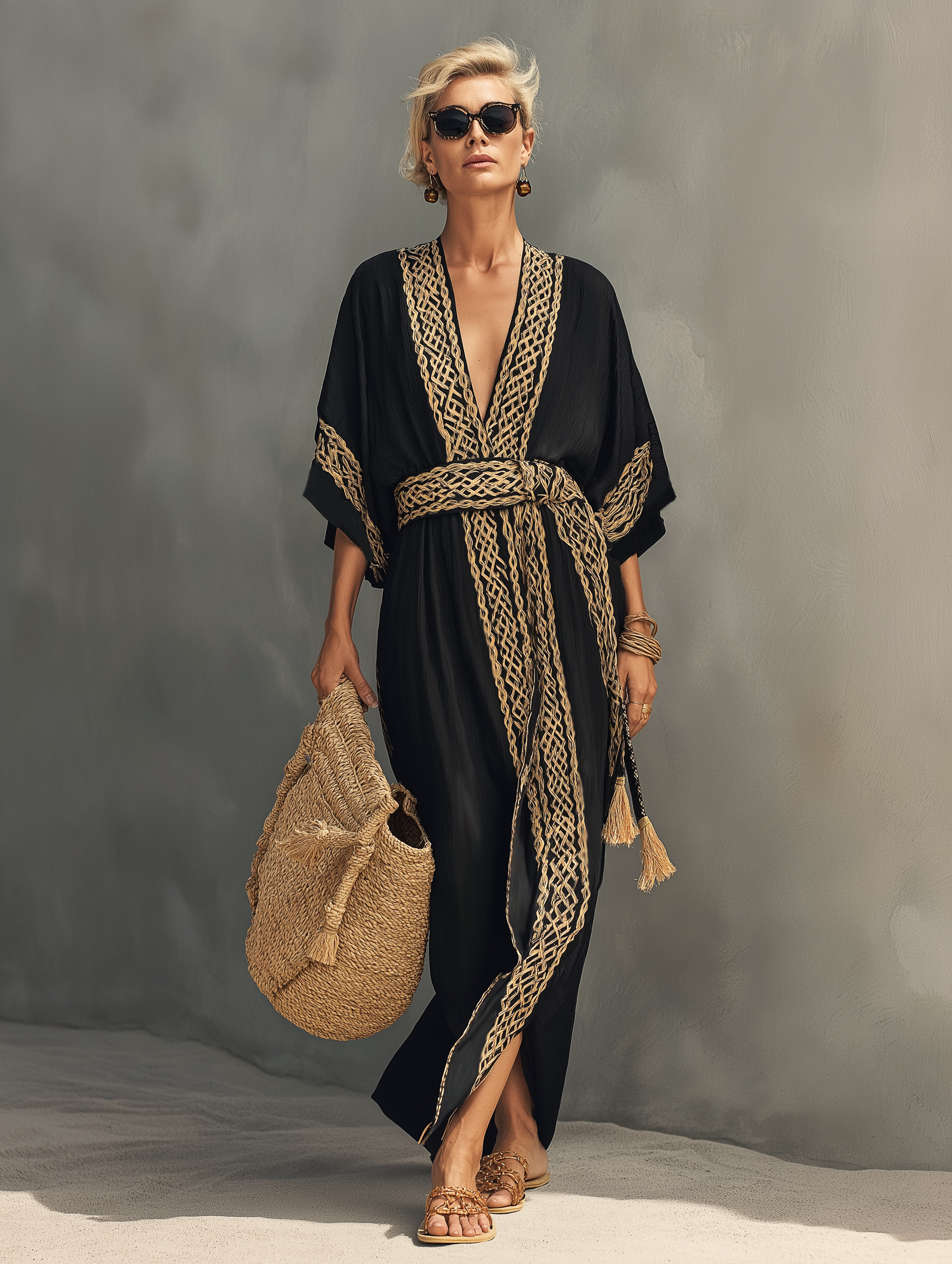 Women's Elegant Black V-neck Woven Short-sleeved Loose-fitting Long Dress MDZ0229C3AN