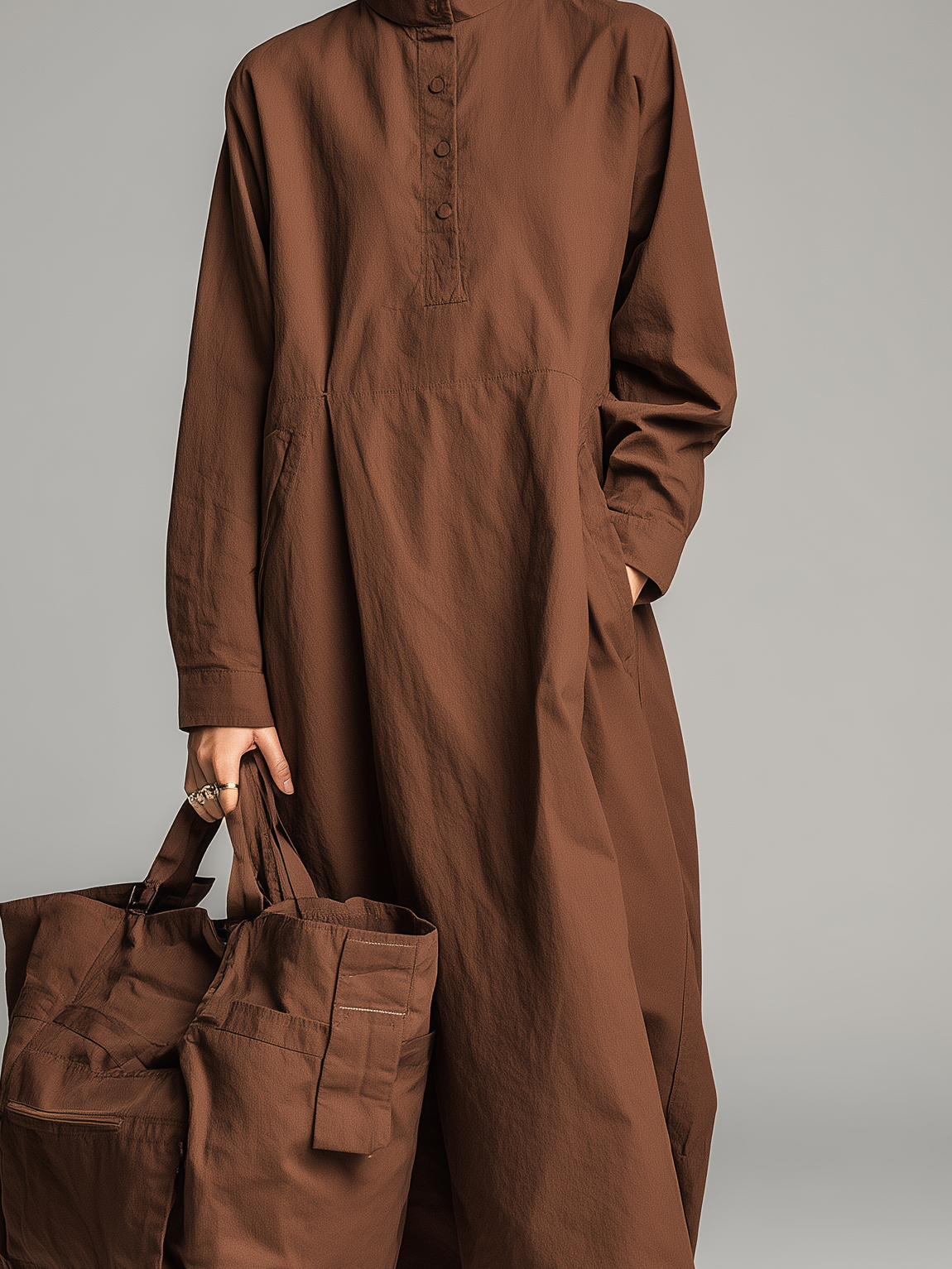 Women's Elegant Brown Long-sleeved Regular Round Neck Loose-fitting Maxi Dress MDA1507L7AN