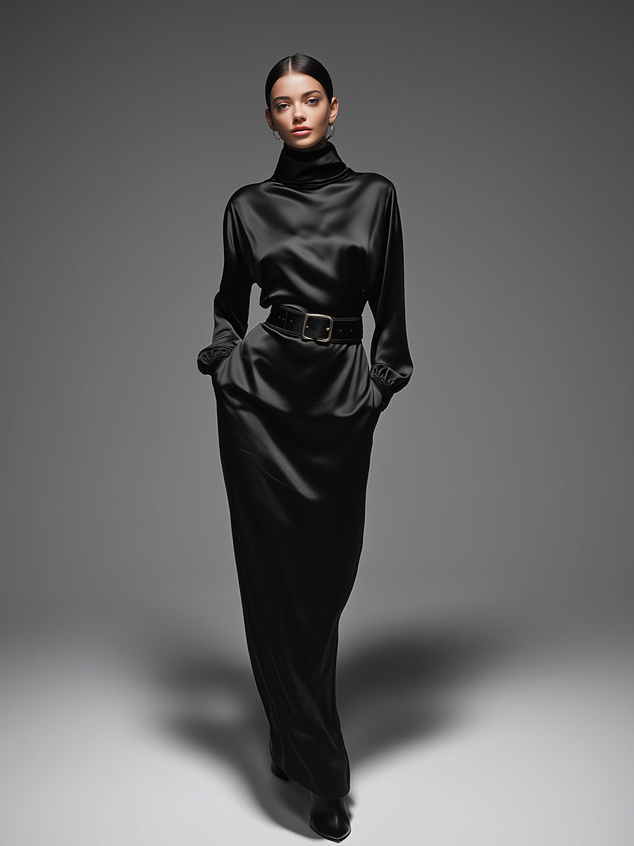 Women's Black Satin High-Neck Belted Waist & Puff Sleeves, Sophisticated Cocktail Style Maxi Dress MDA2386J8I