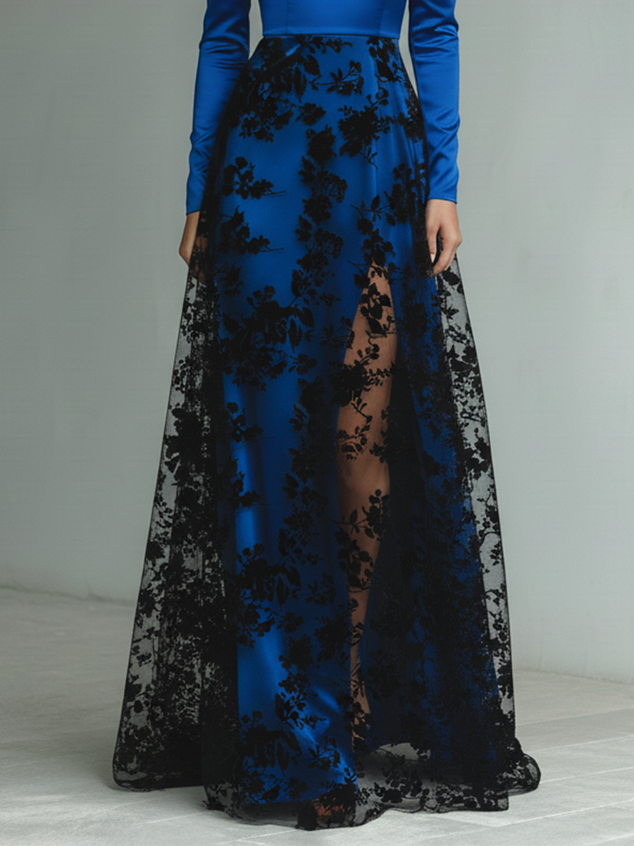 Women Royal Blue Satin Lace Overlay Off Shoulder Gown Maxi Dress MDA1866L4T