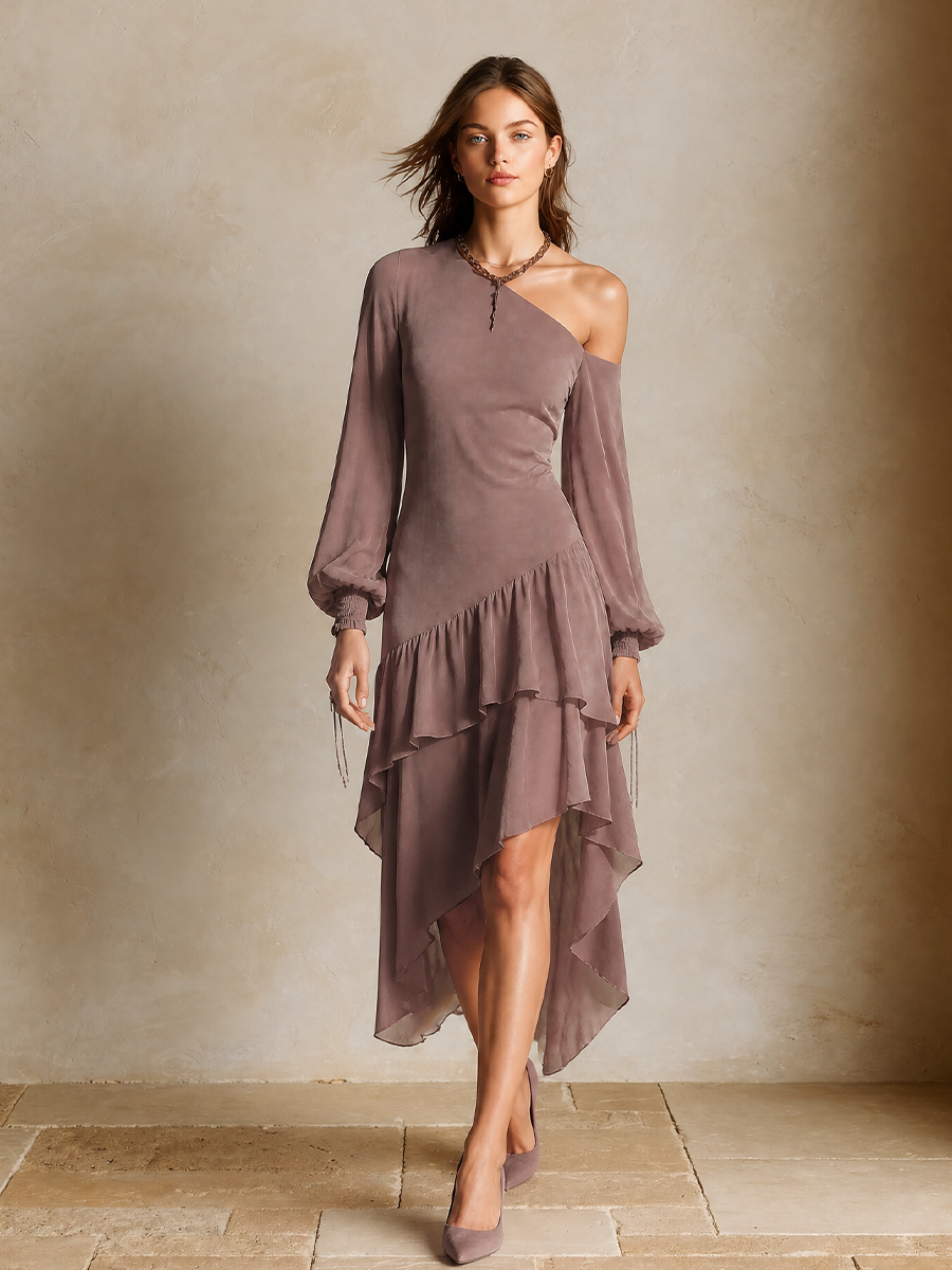 Women's One Shoulder Ruffle Hem Asymmetric Chiffon Midi Dress MDZ0104I9LYL