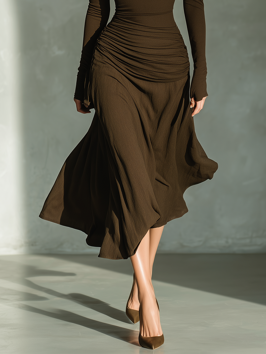 Women's Chocolate Brown Stretchy Knit Off-the-shoulder Pleated Midi Dress MDA1266L7T