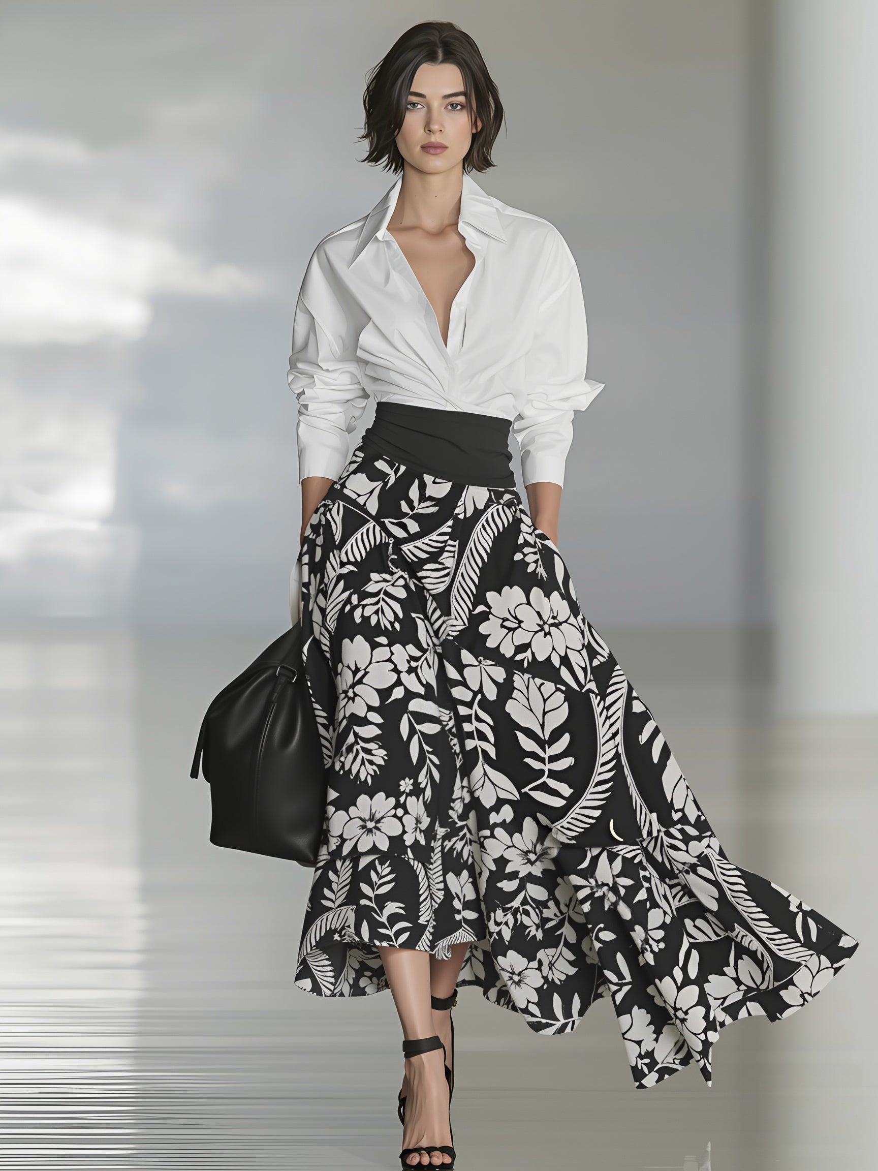 Women's Fashionable And Elegant White Long-sleeved Short-sleeved Pleated Shirt Paired With A Single-thread Bamboo-joint Linen Black And White Patterned Printed Midi Skirt MDA2108K6AN