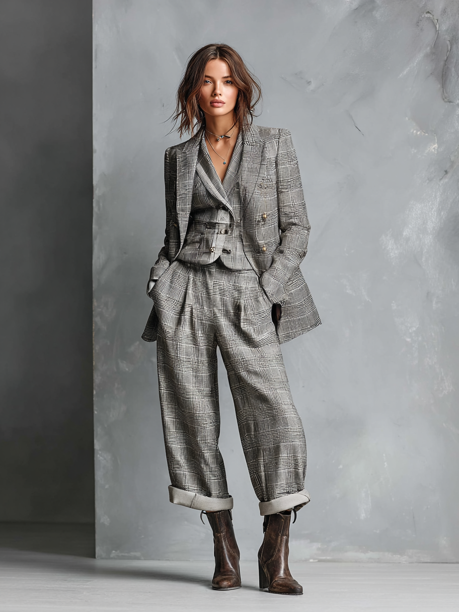 Women's Vintage Welsh Check Double-Breasted Blazer And Straight-Leg Pants Set MDA1802H3Y