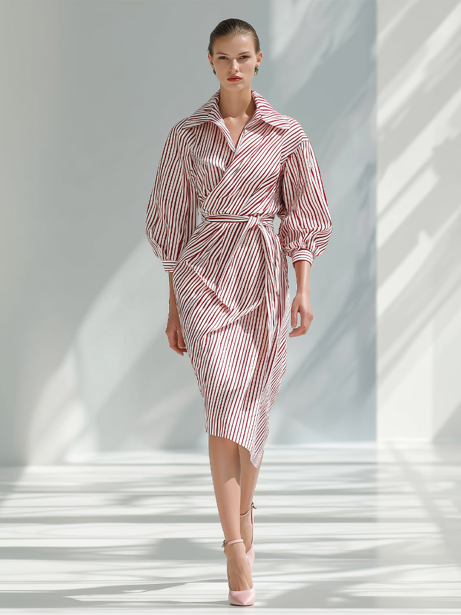 Women's Red - White Striped Elegant Cotton Wrap - Belted Midi Dress MDA0608H1I