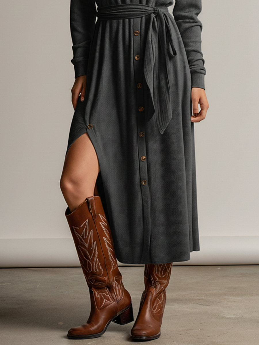 Women's Dark Gray Knit Single-Breasted Tie-Waist Slim Fit Maxi Dress MDA3040J5T