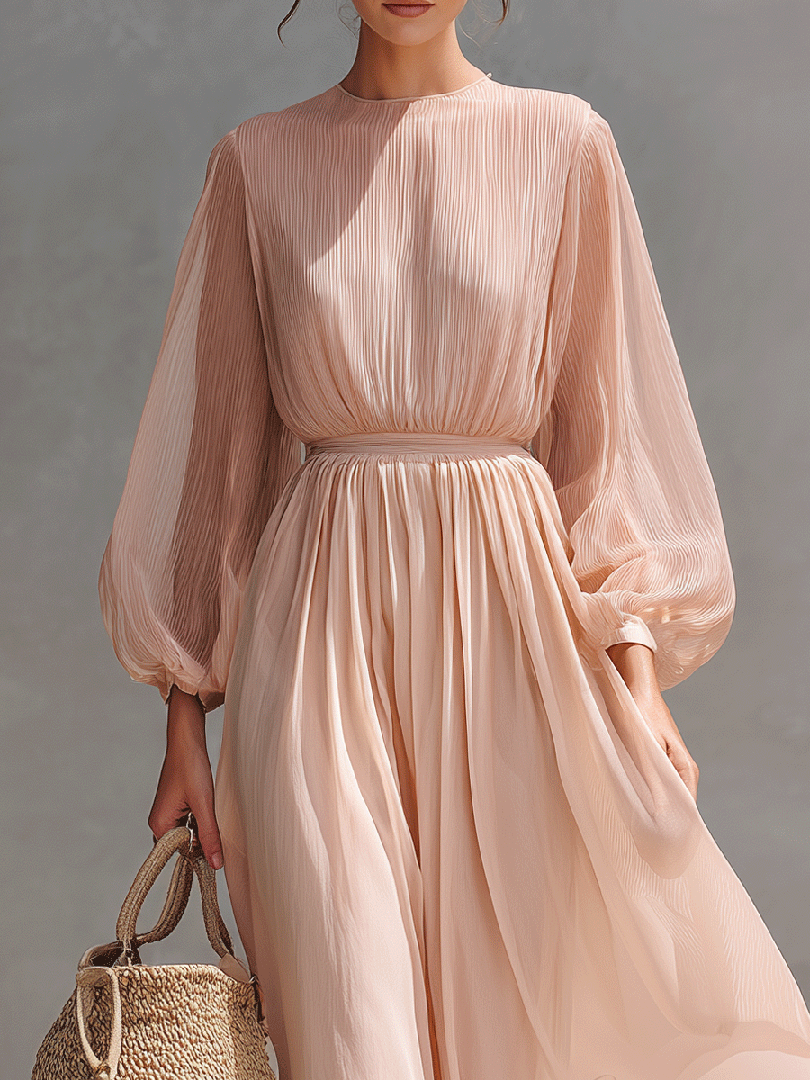 Women's Elegant Chiffon Puff Sleeve Pleated Maxi Dress MDA3168G1I