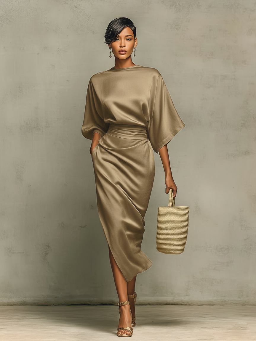 Women's Minimalist Satin Blouse And Skirt Set MDZ1202A3Y