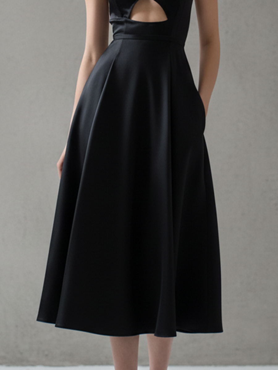 Women's Black Halter Neck Cutout A-line Midi Dress MDZ0322C5BA