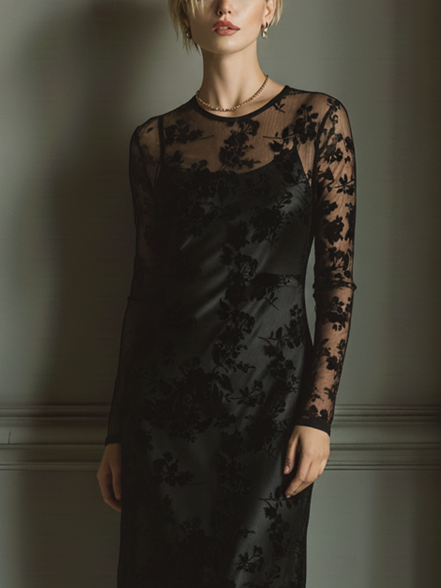 Women's Black Floral Stretch Lace Panelled Spaghetti Strap Long Dress MDA1694L3T