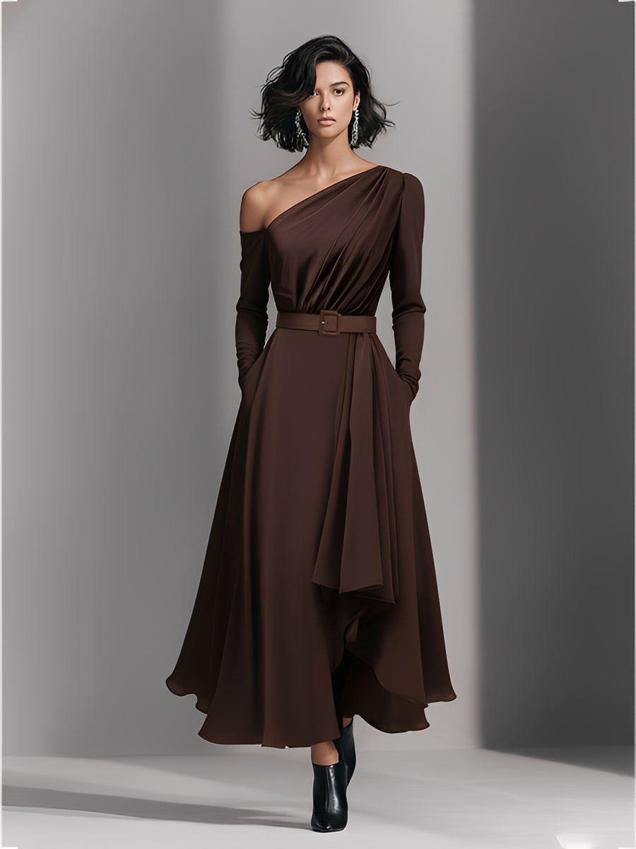 Women's Chocolate Silky Woven Dress With Off-the-Shoulder Neck & Belted Waist, Timeless Elegant Style Dress MDA1295L7I