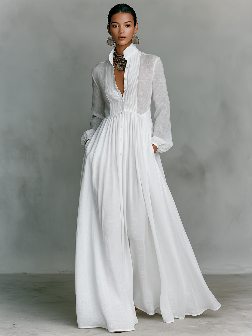 Women's Minimalist Tencel And Linen Patchwork Single-breasted Stand-up Collar Long-sleeved Maxi Dress MDA0658K6Y