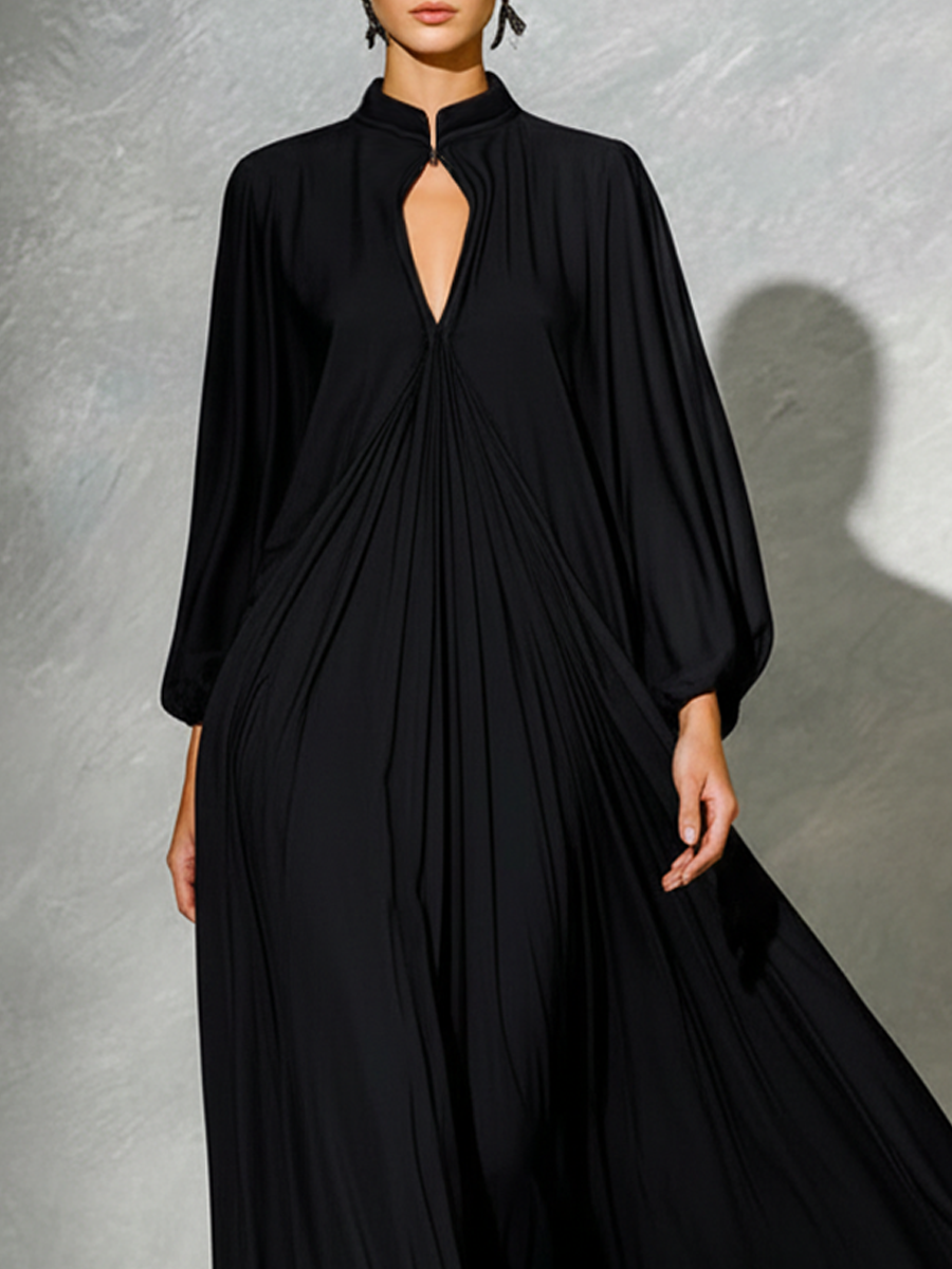 Women's Solid Color Stand Collar Cutout Long Sleeve Dress MDA1884L2AP