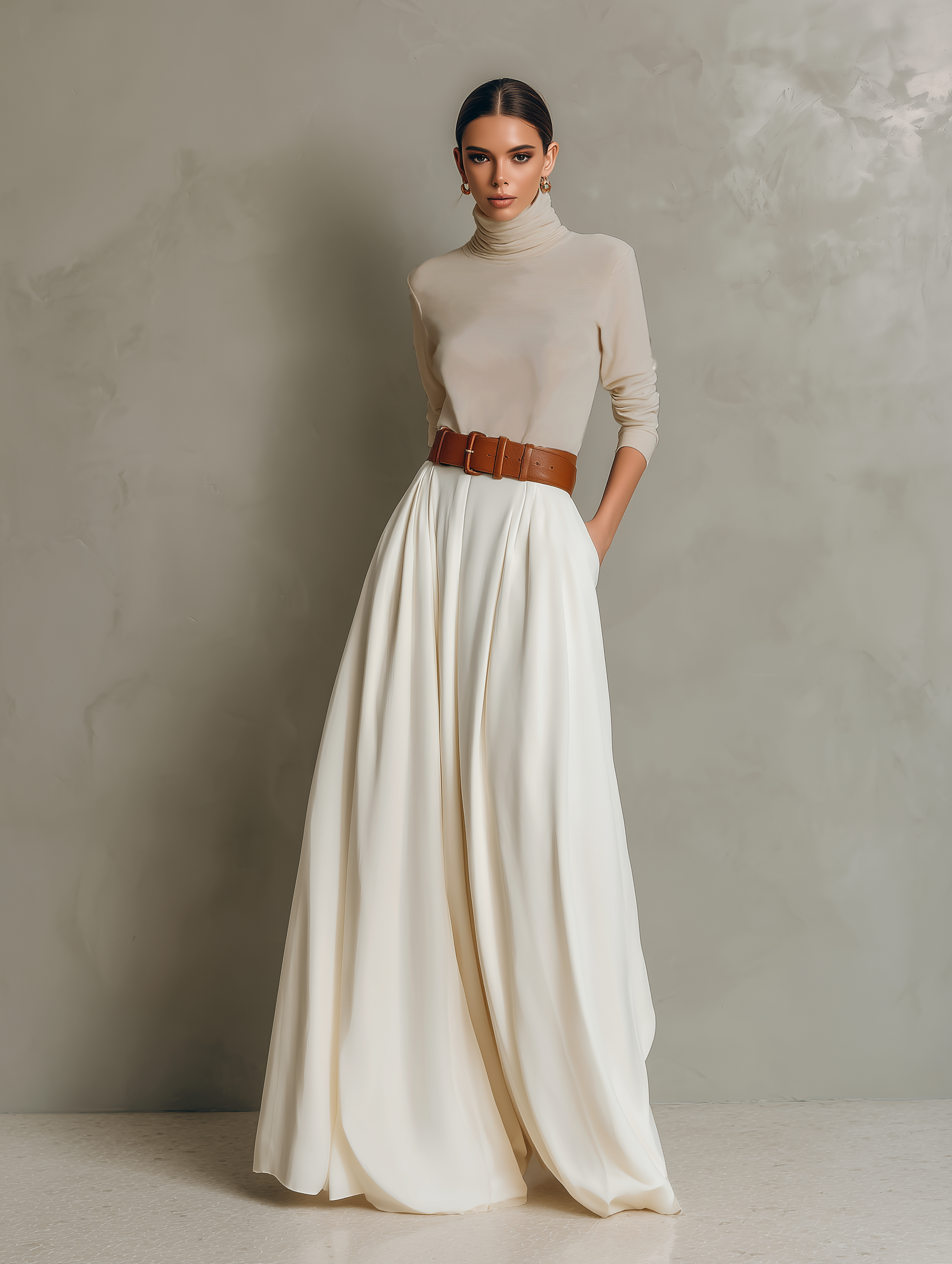 Women's Elegant Apricot Knitted Stretch Turtleneck Long-sleeved Top Paired With A White Skirt (belt Not Included) MDZ0864A0AN