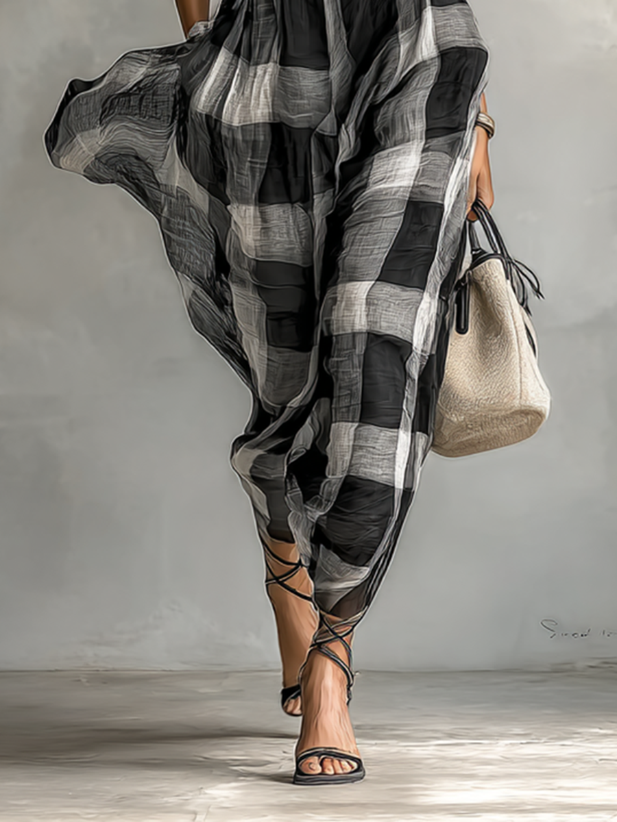 Women's Plaid Chiffon High Collar Short Sleeve Belt Maxi Dress MDA0575G6Y