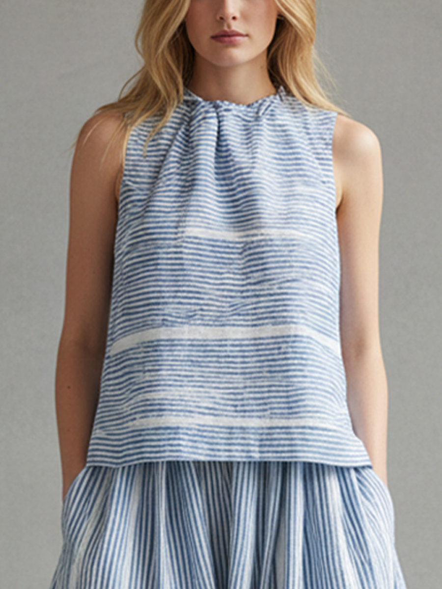 Women's Blue Striped Sleeveless Top And Maxi Skirt Set MDZ2873B6BA