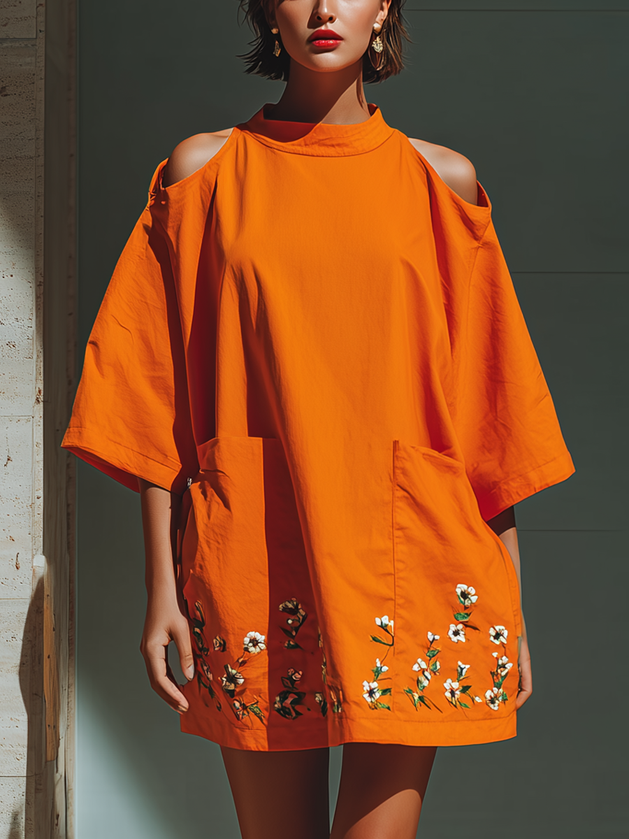Women's Orange Cold-Shoulder Mini Dress With Floral Embroidery MDZ2679B1T