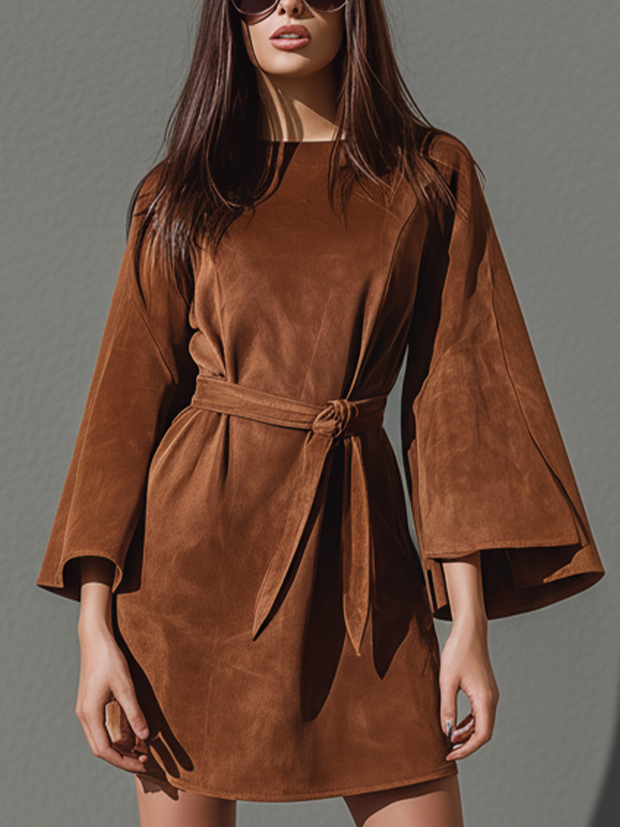 Women's Caramel-colored Faux Suede Tie-up Bell Sleeve Dress MDA0485L7T