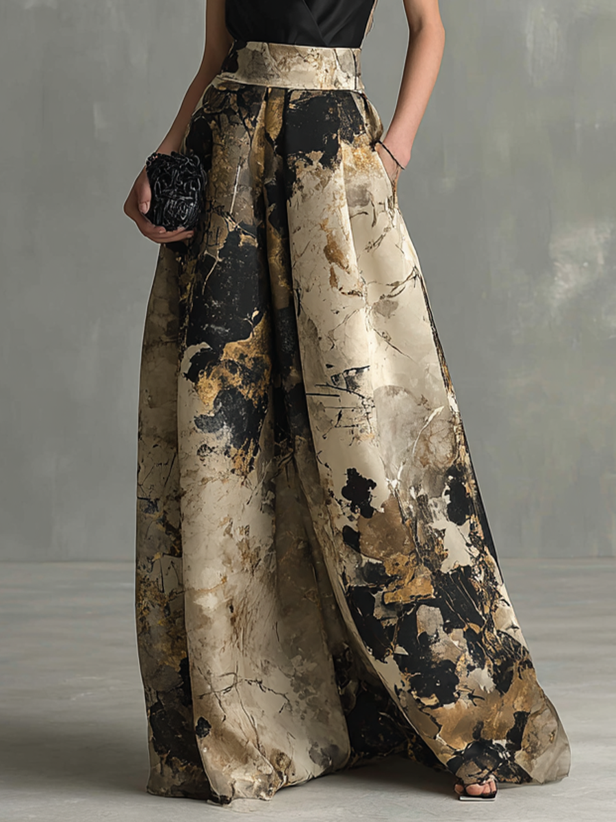 Women's Elegant Black And Beige Abstract Print V-Neck Spaghetti Strap Maxi Dress MDZ1483B2BA